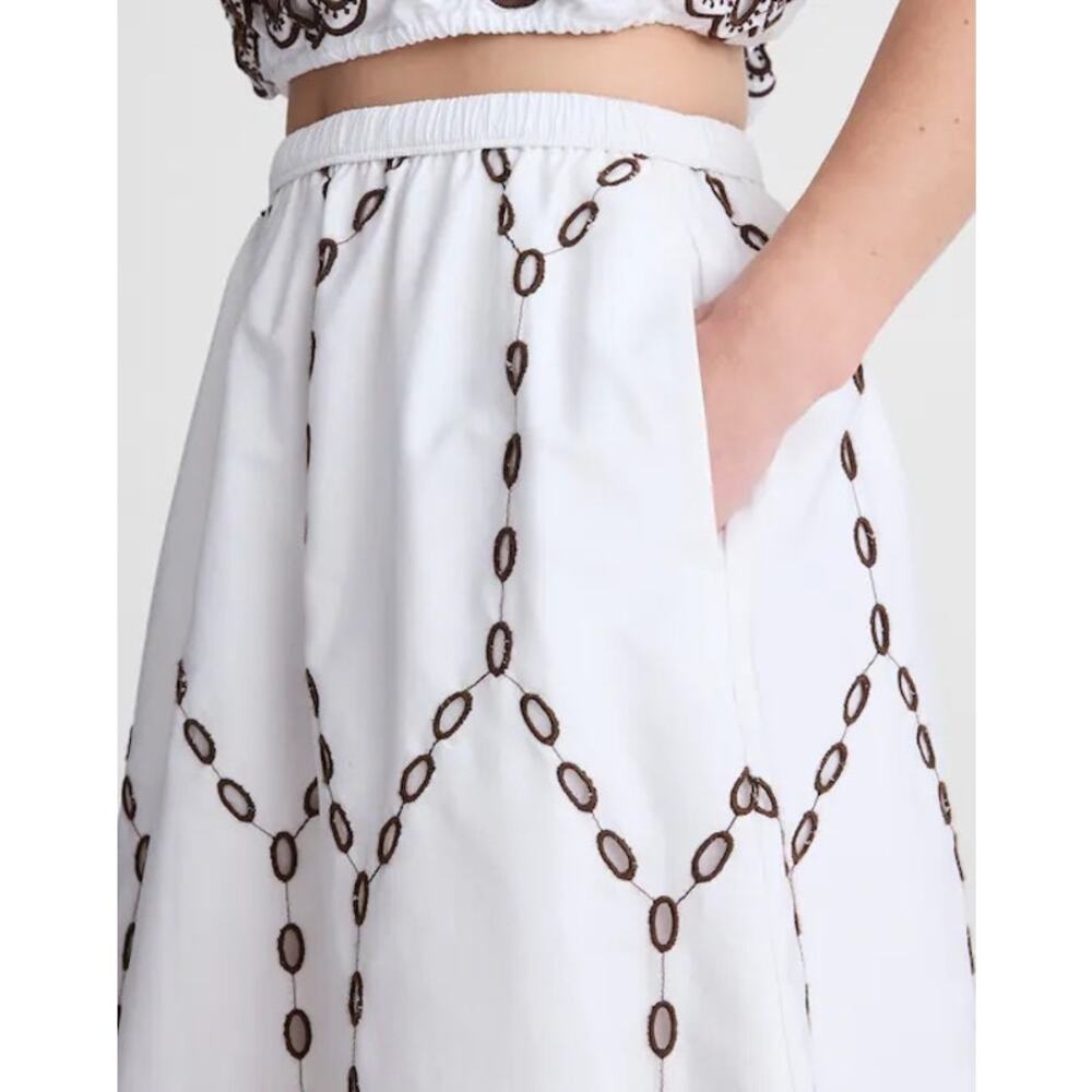 NWT Madewell Embroidered 100% Cotton Poplin Midi Skirt White Brown Size Large - Picture 4 of 11